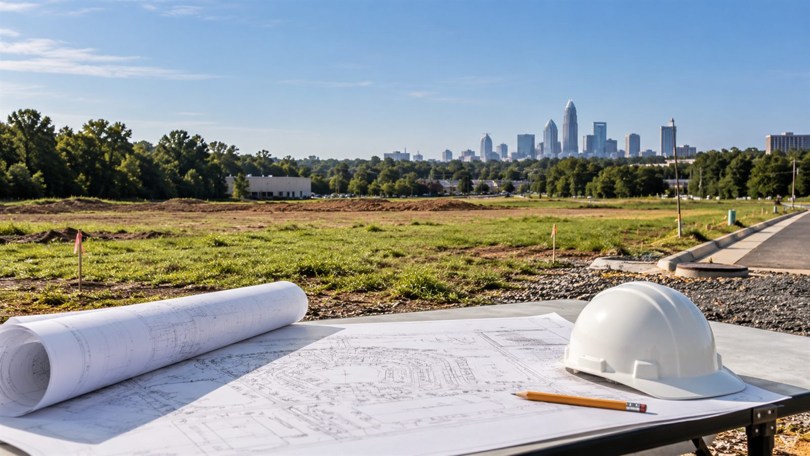 Illustrative cleared development site with survey stakes, site plans and a hard hat, with the Charlotte skyline in the distance