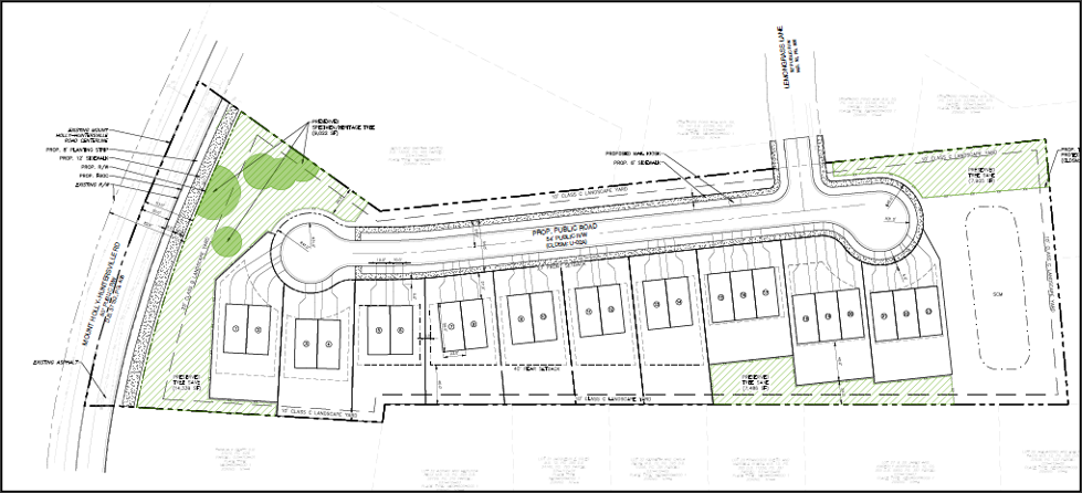 Site plan for Lemongrass Townes showing 10 duplex and triplex building footprints along a proposed public road off Mount Holly-Huntersville Road, with landscape buffers, preserved heritage trees and a stormwater control measure