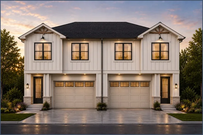 Design rendering of the Lemongrass Townes duplex front elevation