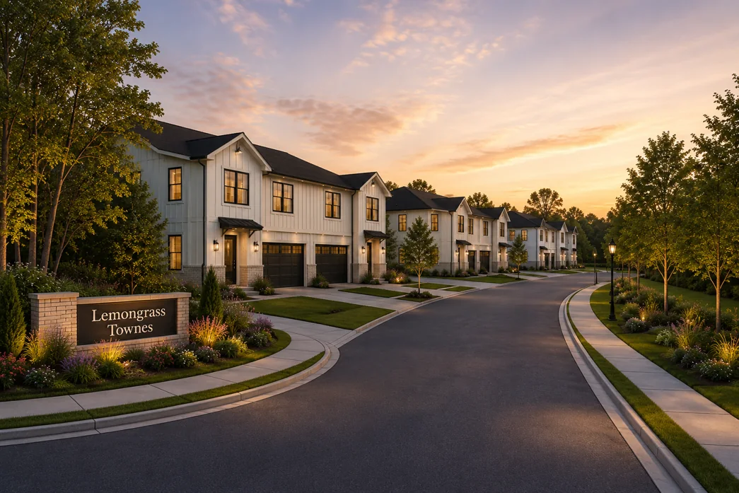 Design rendering of the Lemongrass Townes community entrance and townhome streetscape at dusk