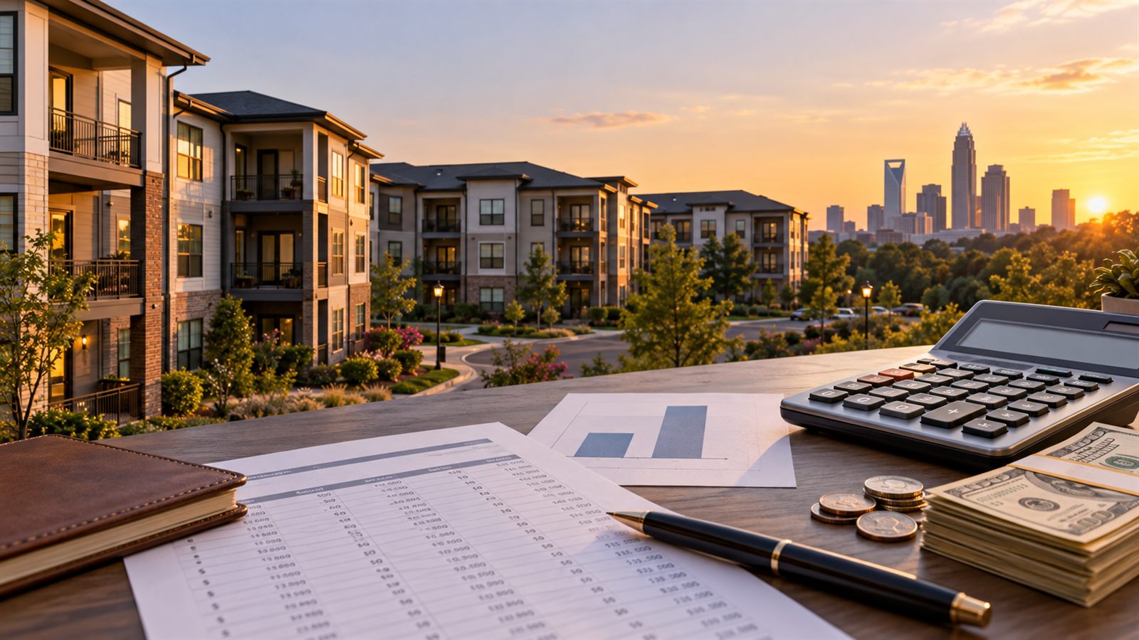 Illustrative apartment community at sunset with the Charlotte skyline, and a desk with a spreadsheet, calculator and cash in the foreground